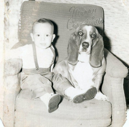 With Sunshine the Basset Hound, Xmas, 1959