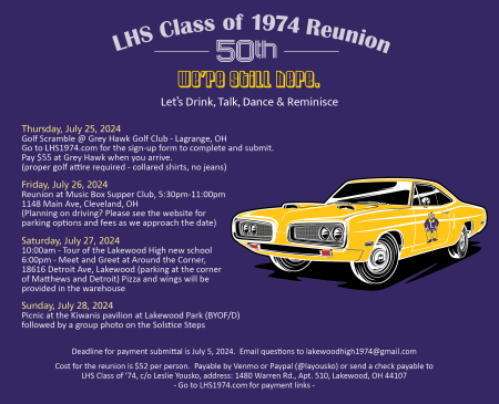 ***LHS Class of 1974 50 Year Reunion UPDATE***