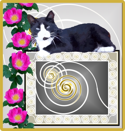 Black cat, roses and spirals. 