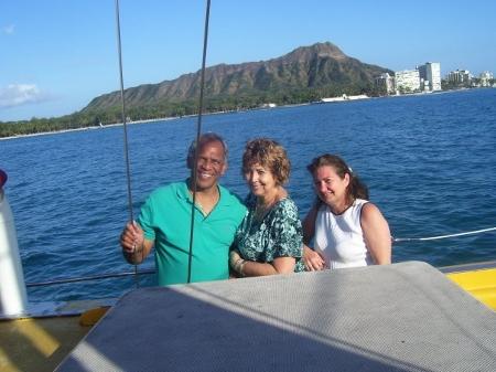 Dicky, Kealoha and sister Gina on a Catermaran ride on Waikiki Beach!