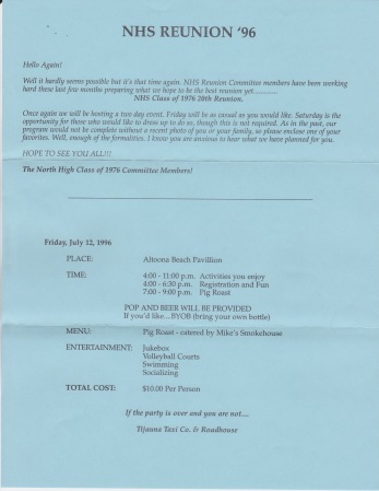 20th Reunion Program, page 1