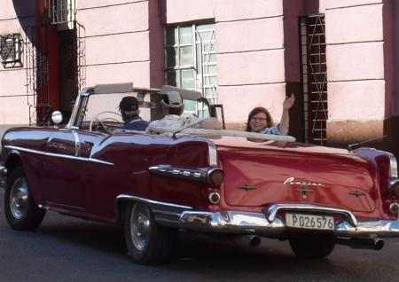 Riding in a classic car in Old Town Havana with Darrell
