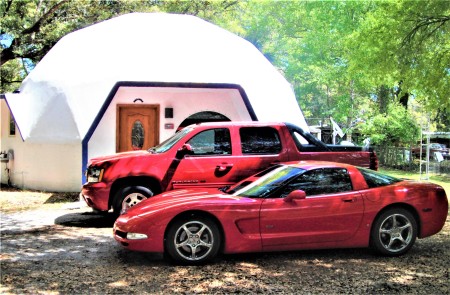 Corvette and my Avalanche in from of our Dome 