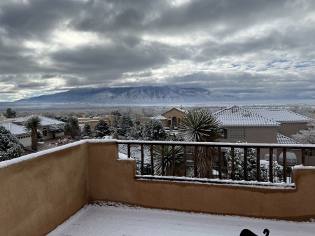 Sandia Mountains in snow from balcony