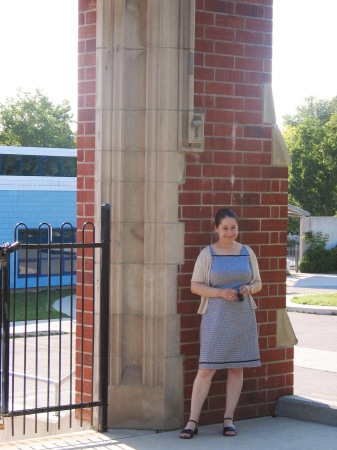 Standing beside the doorway of the old Blantyre school 