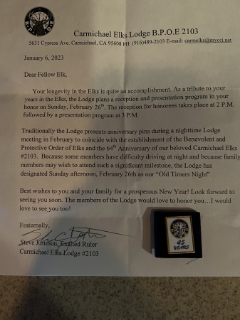 letter- from carmichael elks, california