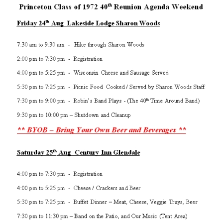 40th Reunion Schedule of Events