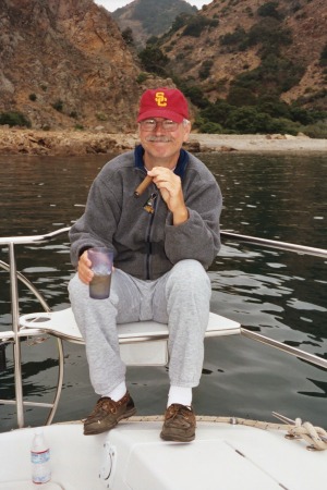 A cold one at Frye's Harbor, Santa Cruz Islan.