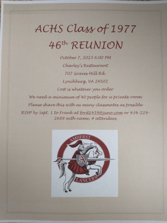 Amherst County High School Class of 1977 46th Reunion
