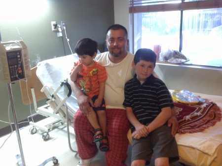 Brian and Gabe with Daddy in the Hospital