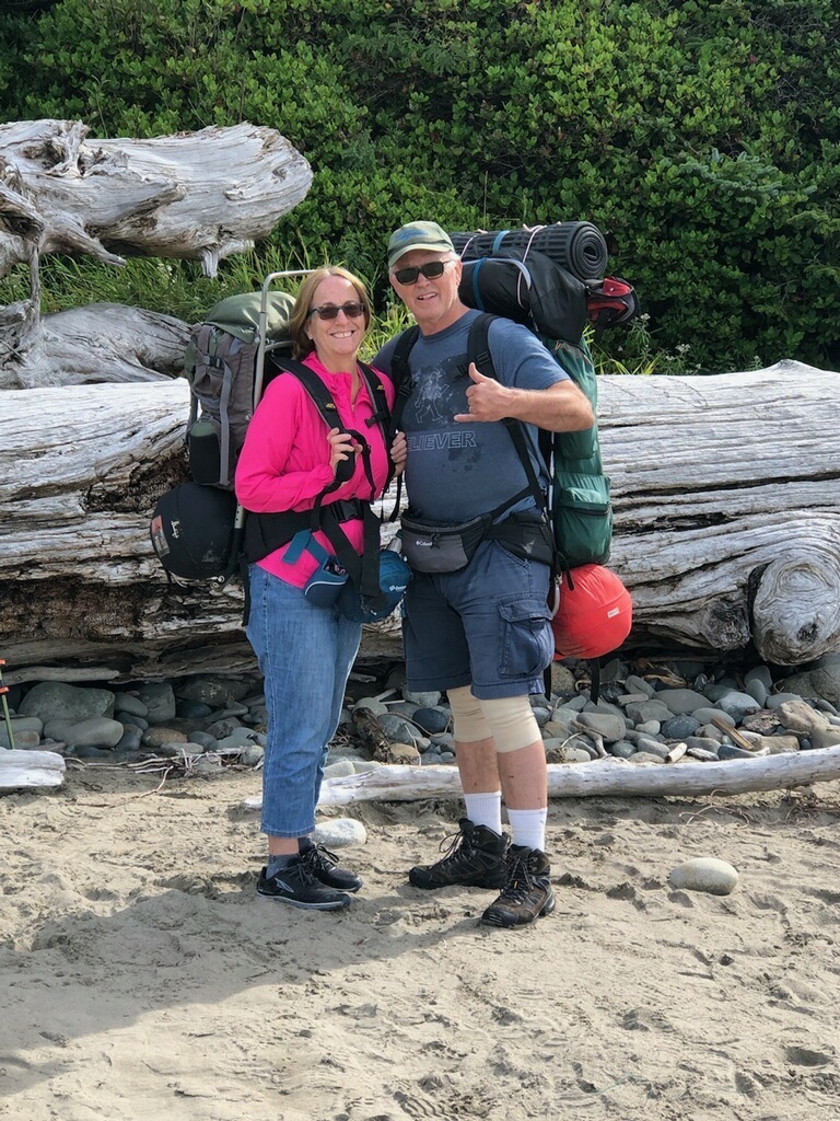 Jane & I backpacking on the Washington coast