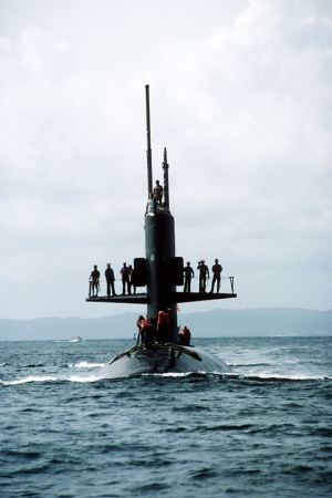 USS Scamp (SSN 588) on the surface.