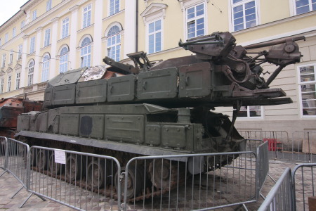 A captured Russian missile launcher on displav