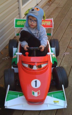 Andrew with puppy taking a spin