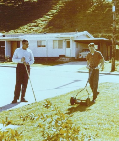 Mowing the lawn with Major Sam, Dad