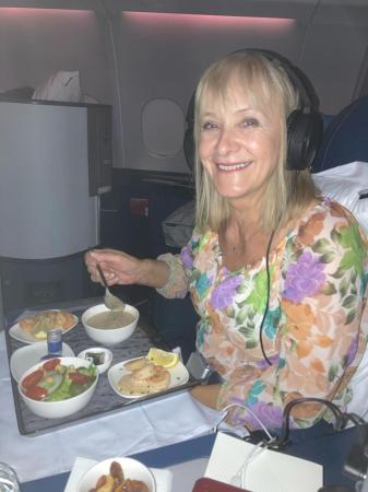 Barb on board our flight to Frankfurt. Oct 23