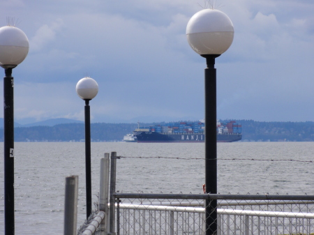 Container ship on the Puget Sound in Seattle