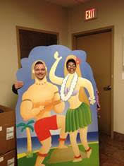 Hawaii Day at work posing with tech Johnny.