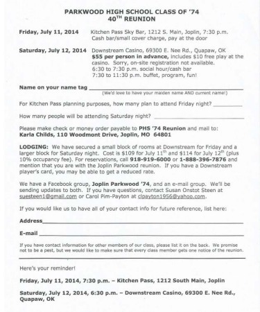 Joplin Parkwood "74 Reunion Registration 