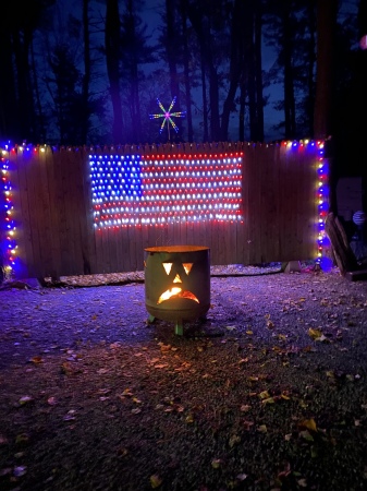 Camp Jack O’ Lantern fire pit with Old Glory 