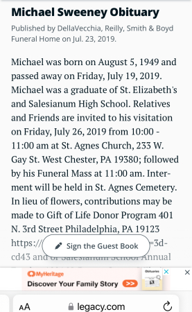 Mike Sweeney’s 7/19/2019 Obituary
