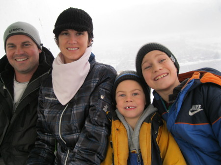Daughter Jamie, Son inlaw, Ryan and grandboys.  On the gondolla, Silver Mountain Ski resort, Idaho