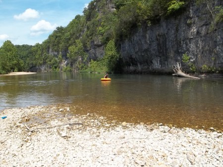 Hunter on Raft at Bee Bluff on Current River 