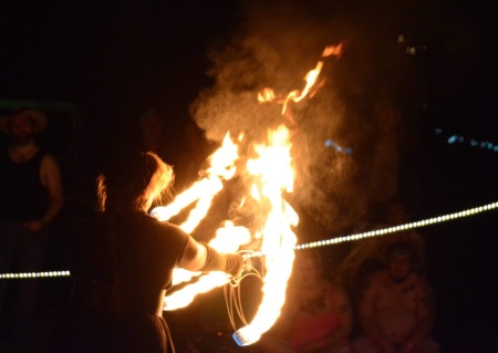 Cindy, the wife, fire spinning.