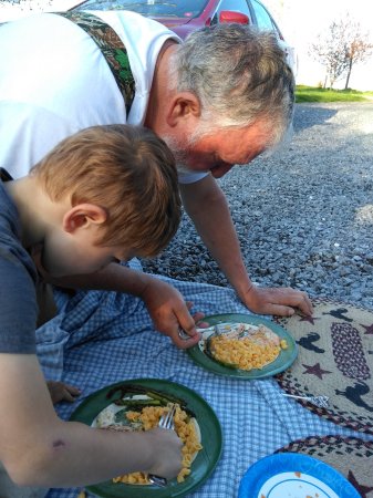 Picnic in the driveway with my grandson.