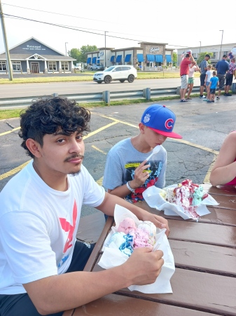 Enjoying the "Pig's Dinner" ice cream