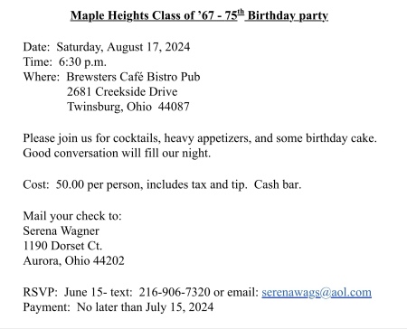 MHHS ‘67 ALUMS 75th birthday party