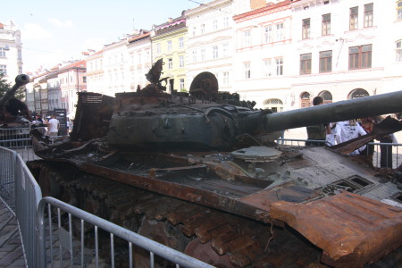 Display of burned out Russian  tanks in Lviv, 