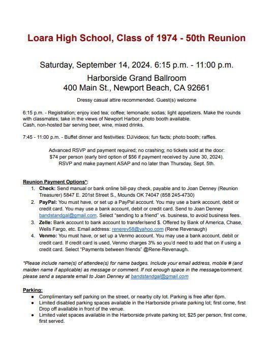 Loara High School 1974 50th reuion Sept. 14,2024