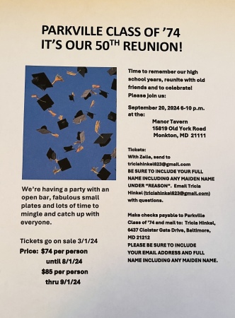 An IN PERSON event!   50TH High School Reunion Class of 74