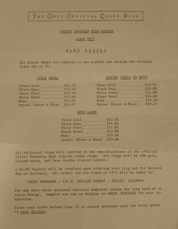 Class ring pricing for 1971