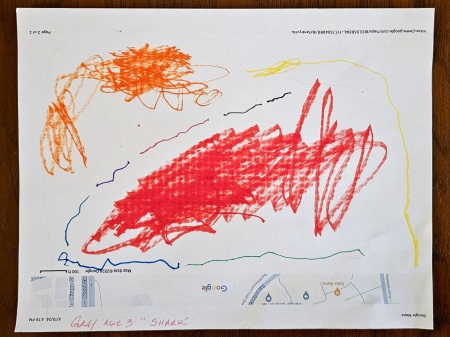 3 year-old Gray sketched a red shark. Then he