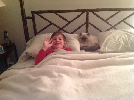 Happy Tyler goin 2 bed w/the cat!